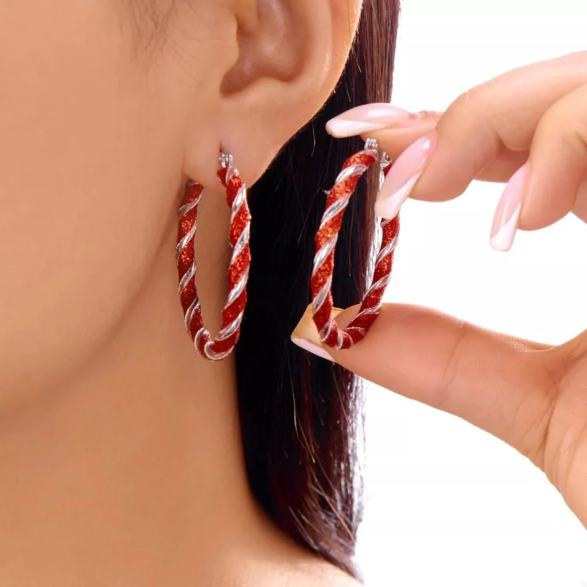 Earrings Christmas Red Twisted Alloy Holiday Hoop Pair
