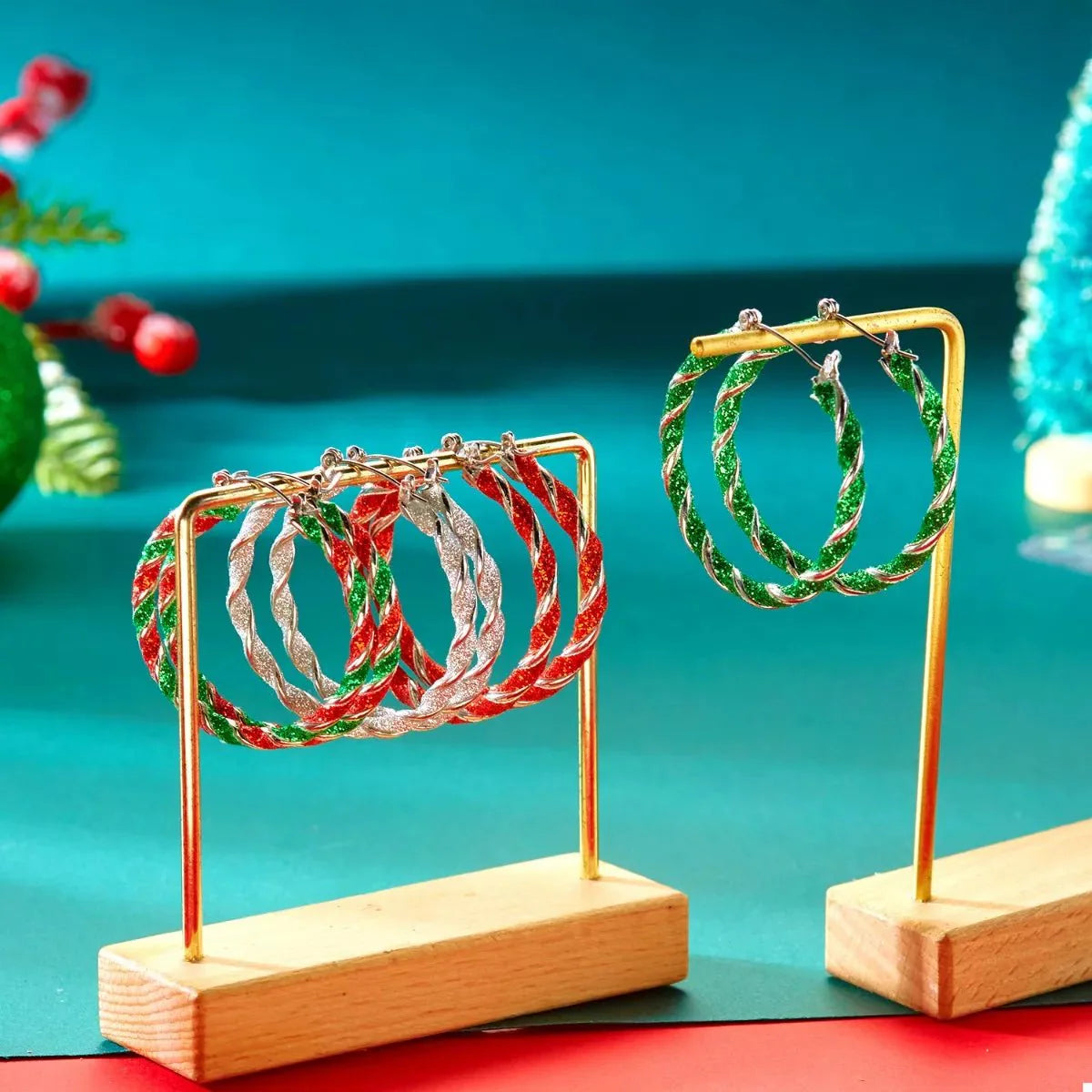 Earrings Christmas Red Twisted Alloy Holiday Hoop Pair
