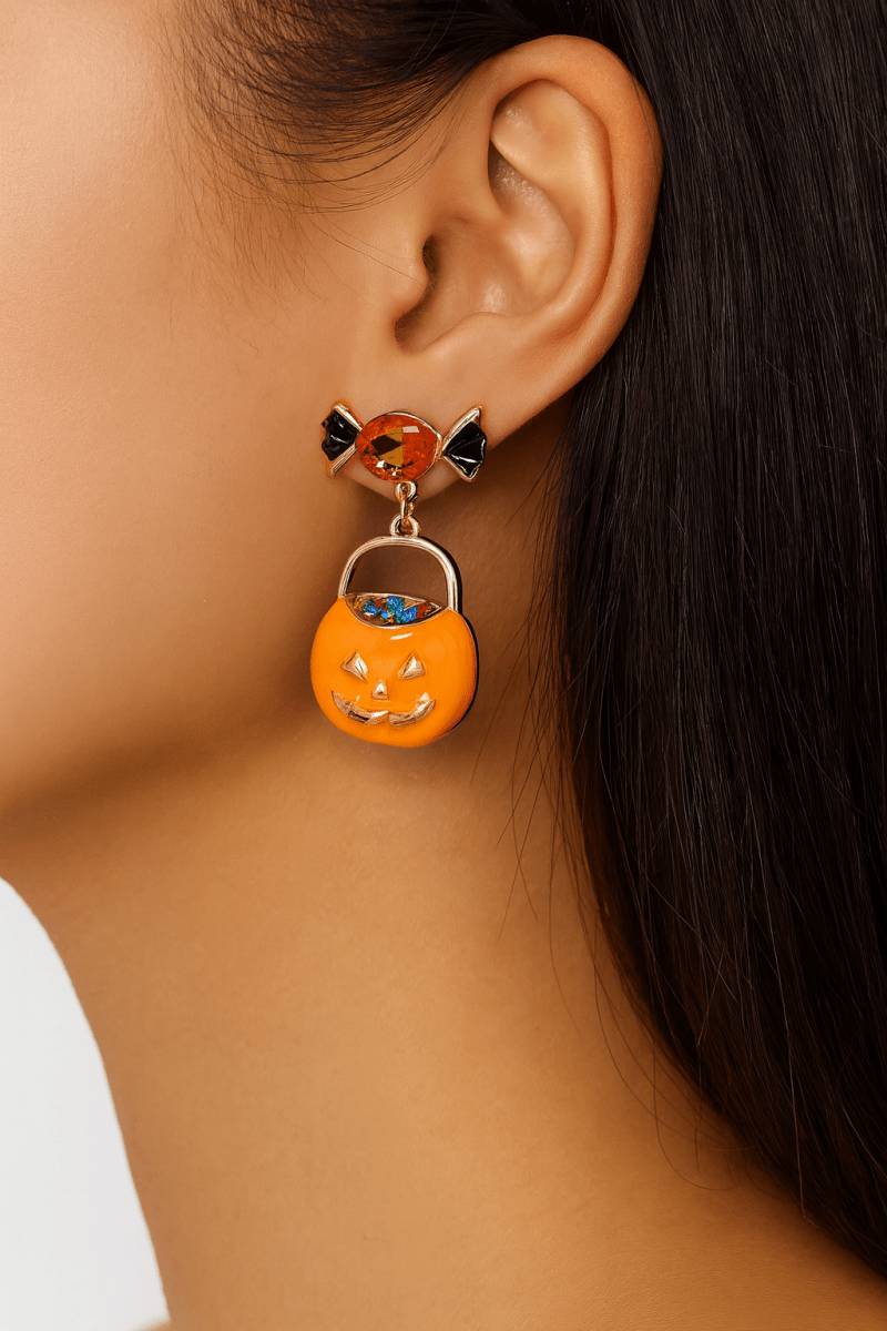 Earrings Halloween Pumpkin Dangle 18K Gold Rhinestone Pair