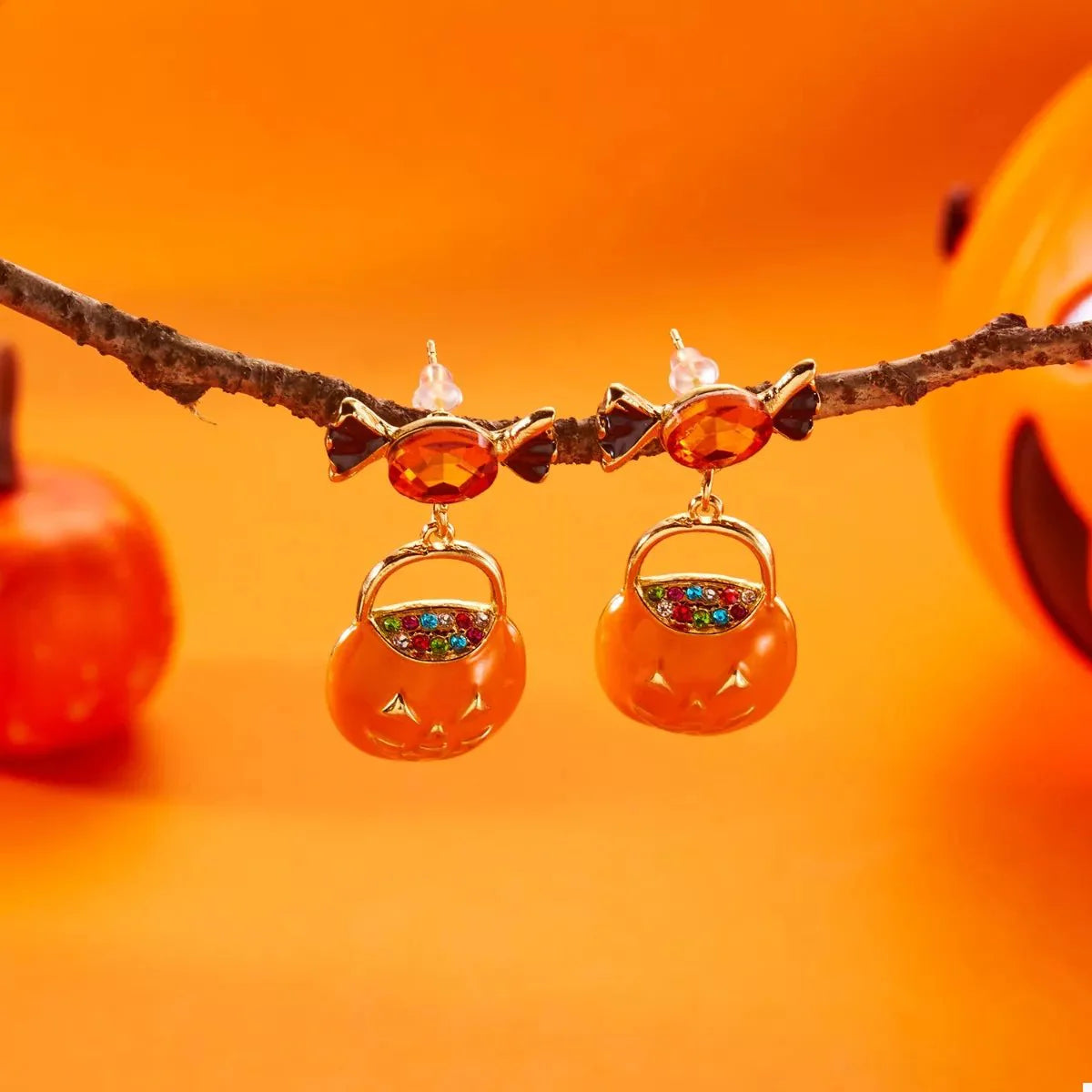 Earrings Halloween Pumpkin Dangle 18K Gold Rhinestone Pair