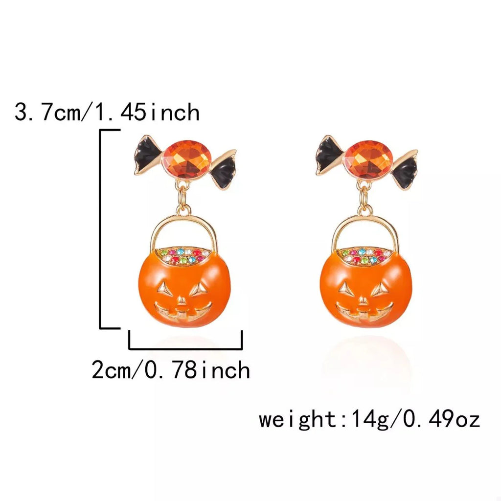 Earrings Halloween Pumpkin Dangle 18K Gold Rhinestone Pair