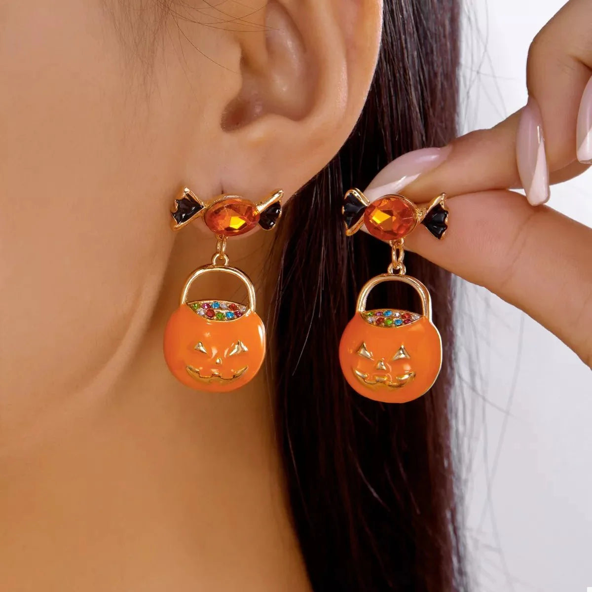 Earrings Halloween Pumpkin Dangle 18K Gold Rhinestone Pair