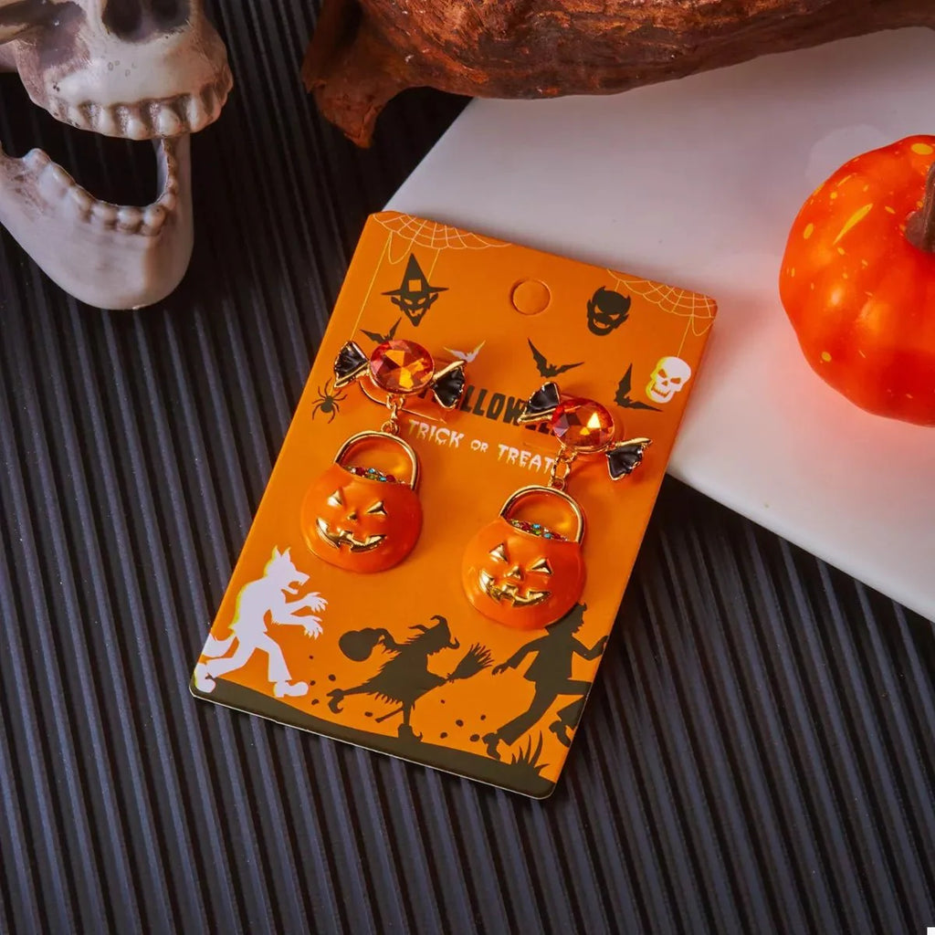Earrings Halloween Pumpkin Dangle 18K Gold Rhinestone Pair