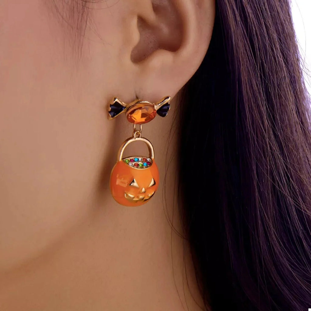 Earrings Halloween Pumpkin Dangle 18K Gold Rhinestone Pair