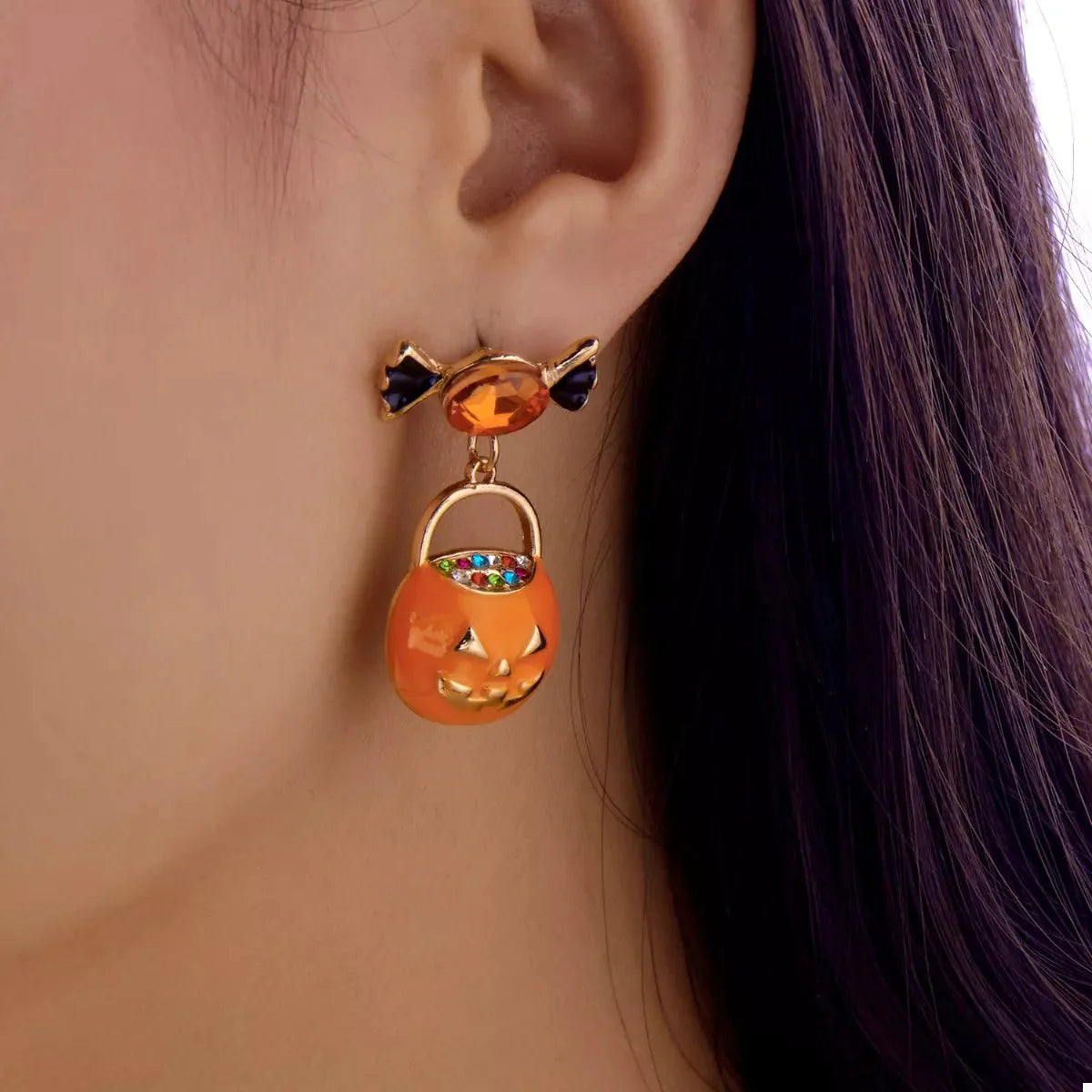 Earrings Halloween Pumpkin Dangle 18K Gold Rhinestone Pair