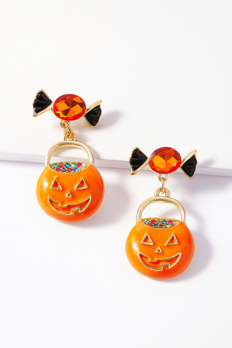 Earrings Halloween Pumpkin Dangle 18K Gold Rhinestone Pair