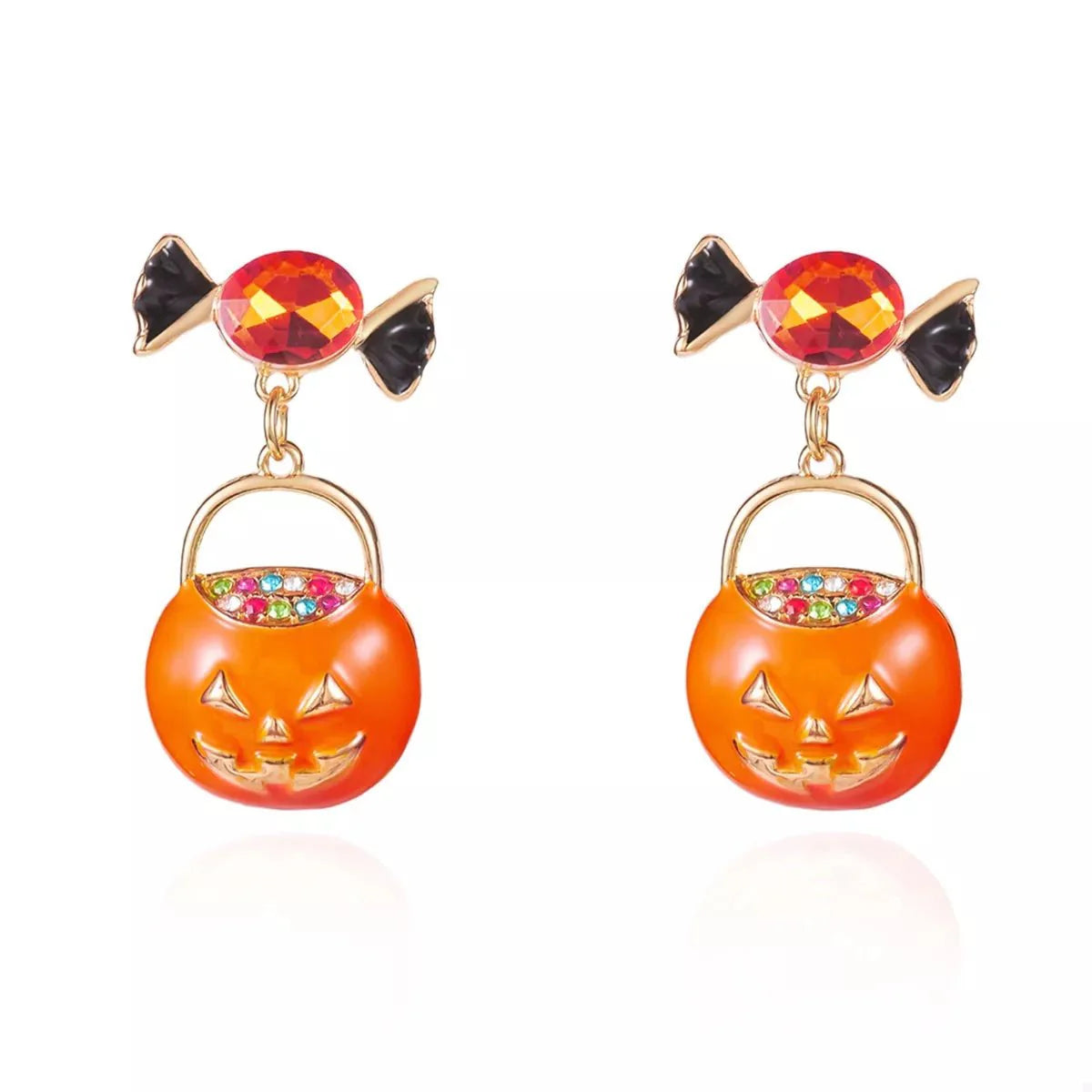 Earrings Halloween Pumpkin Dangle 18K Gold Rhinestone Pair