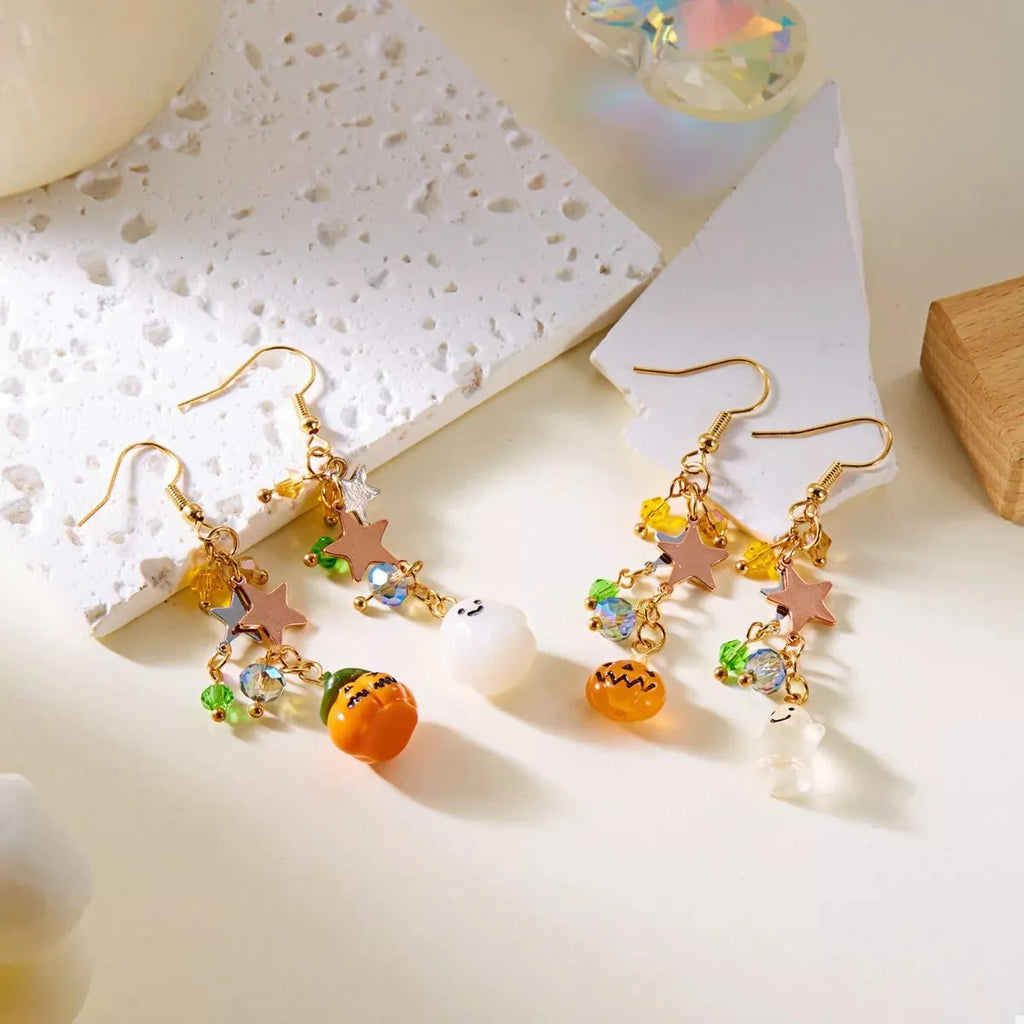Earrings Halloween Pumpkin Ghost Asymmetrical Gold-Plated Fall