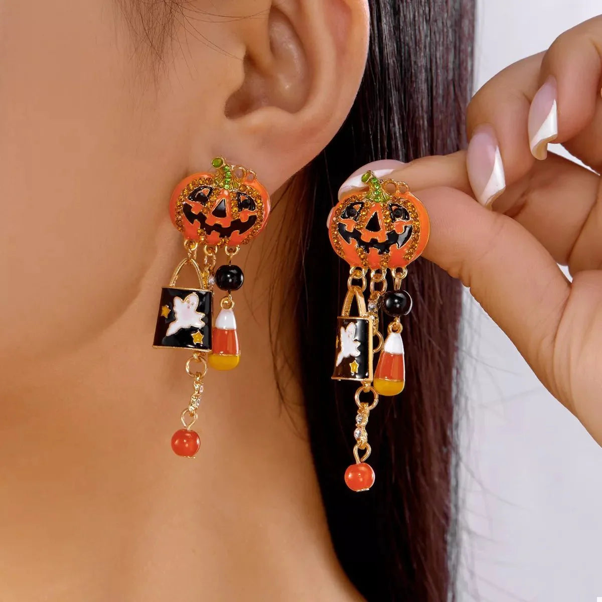 Earrings Halloween Pumpkin Resin Drop with Rhinestone Charms