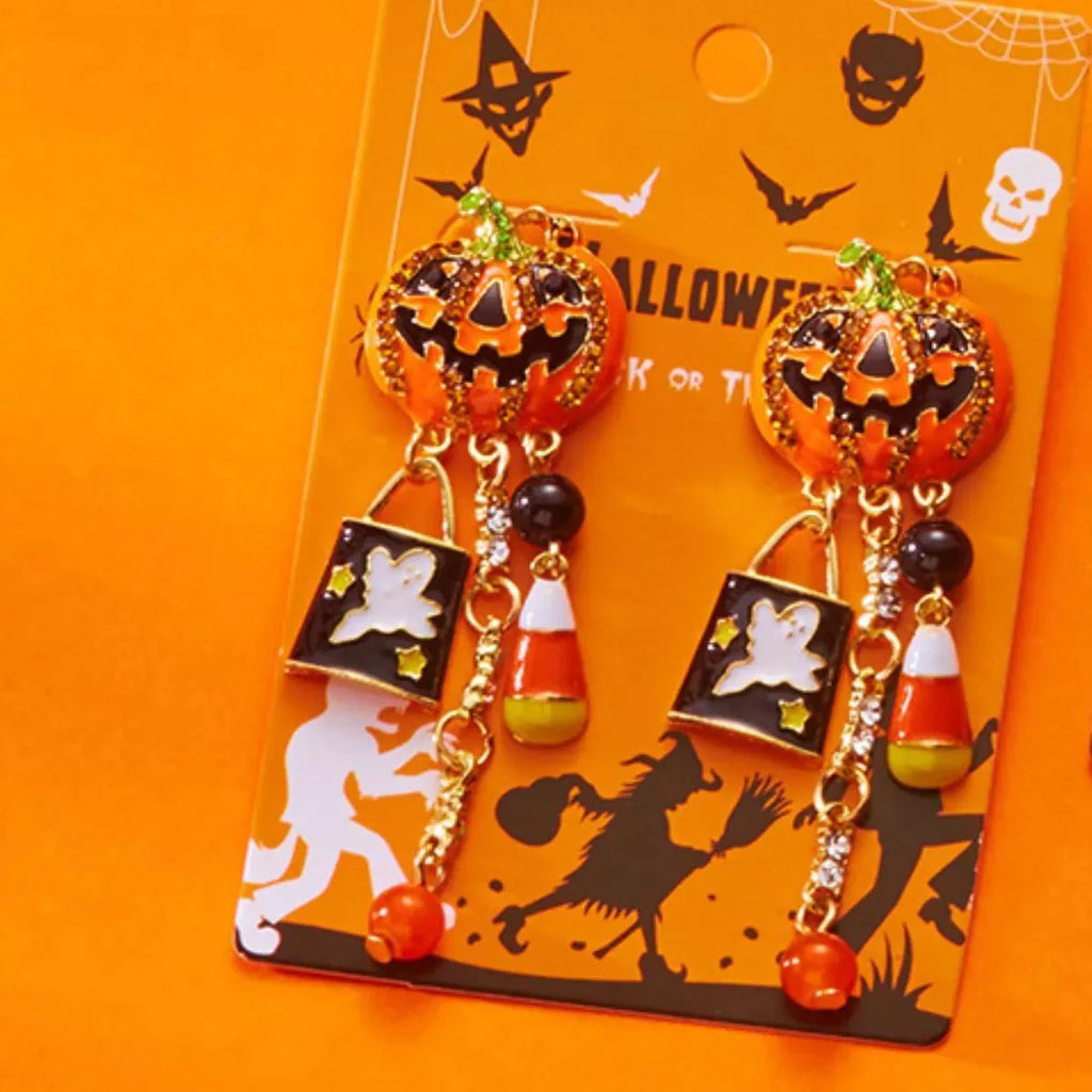Earrings Halloween Pumpkin Resin Drop with Rhinestone Charms
