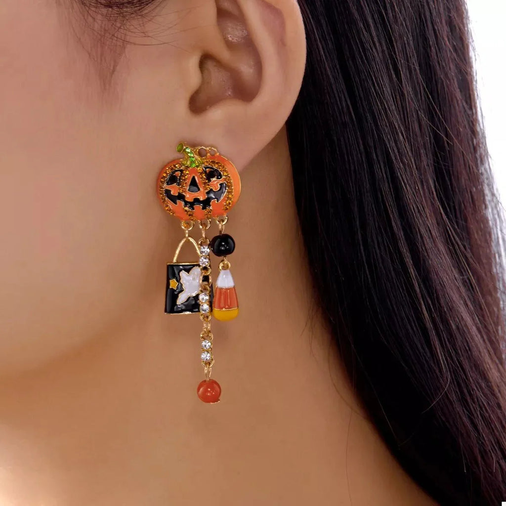 Earrings Halloween Pumpkin Resin Drop with Rhinestone Charms