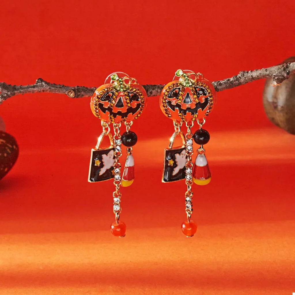 Earrings Halloween Pumpkin Resin Drop with Rhinestone Charms