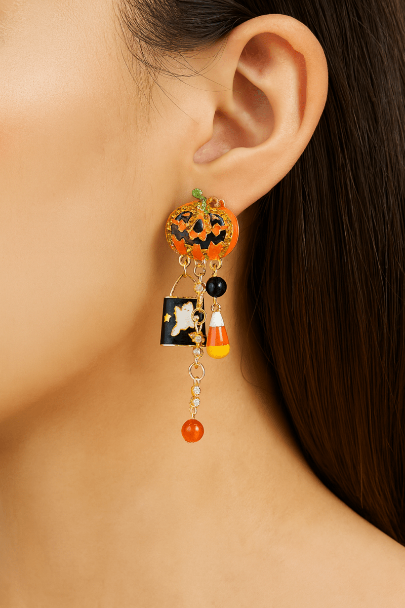 Earrings Halloween Pumpkin Resin Drop with Rhinestone Charms