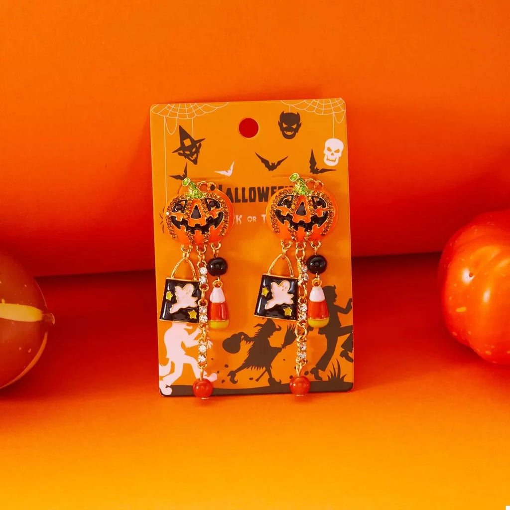 Earrings Halloween Pumpkin Resin Drop with Rhinestone Charms