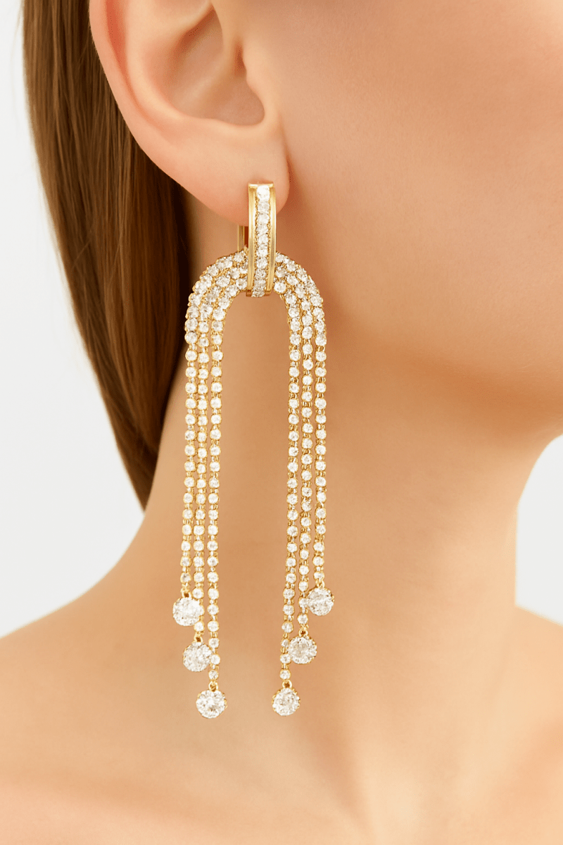 Earrings long rhinestone fringe polished for evening events