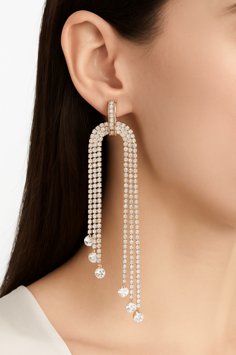Earrings long rhinestone fringe polished for evening events
