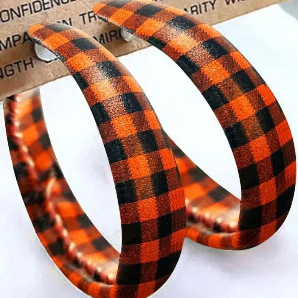 Earrings Plaid Red PU Leather Fall Hoop Statement Pair