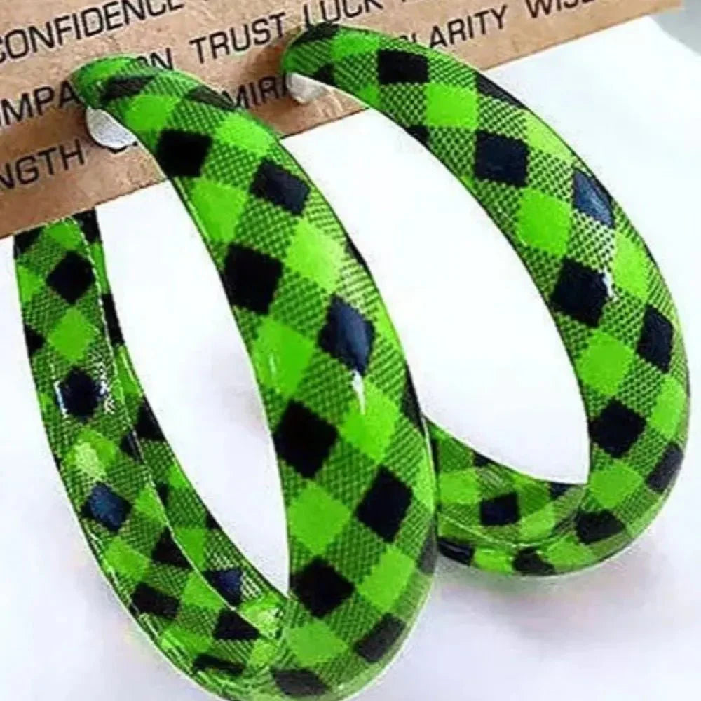 Earrings Plaid Red PU Leather Fall Hoop Statement Pair