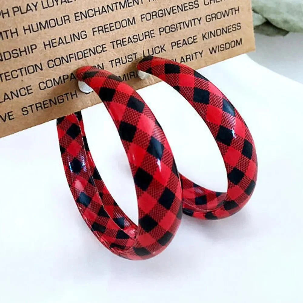 Earrings Plaid Red PU Leather Fall Hoop Statement Pair