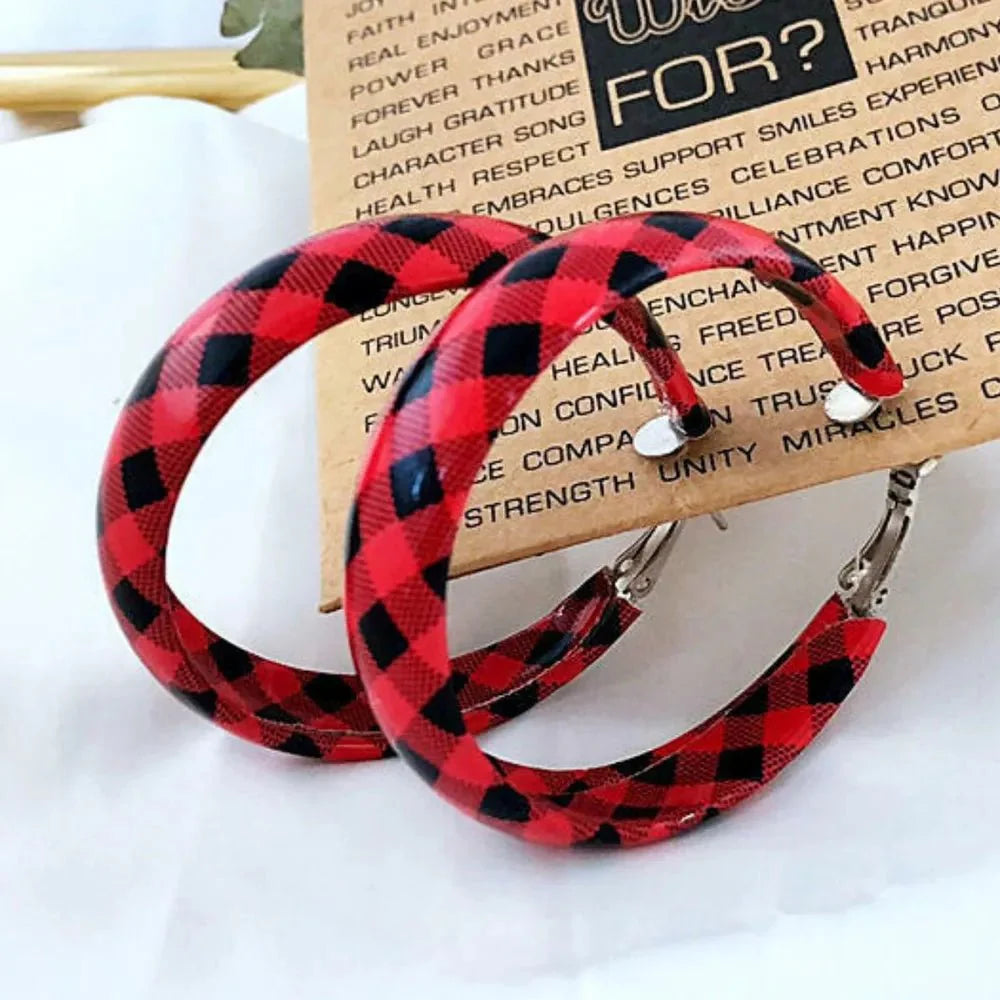 Earrings Plaid Red PU Leather Fall Hoop Statement Pair