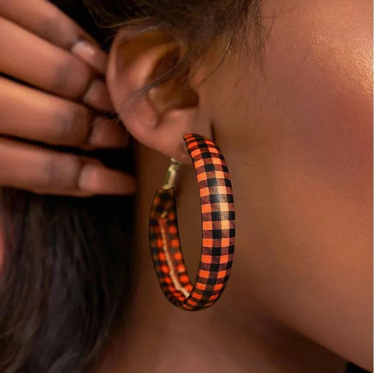 Earrings Plaid Red PU Leather Fall Hoop Statement Pair