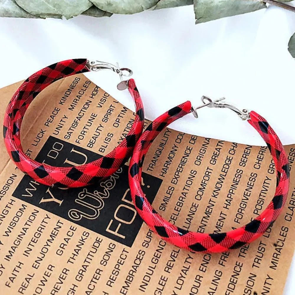 Earrings Plaid Red PU Leather Fall Hoop Statement Pair