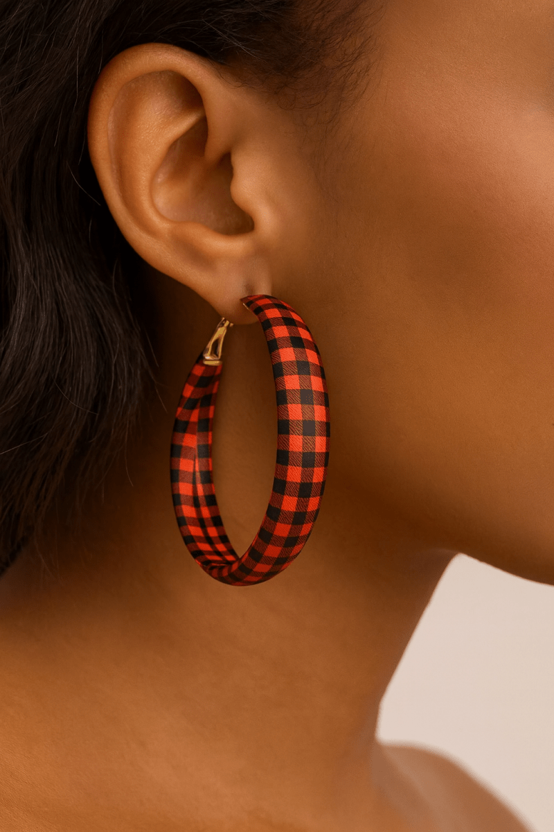 Earrings Plaid Red PU Leather Fall Hoop Statement Pair