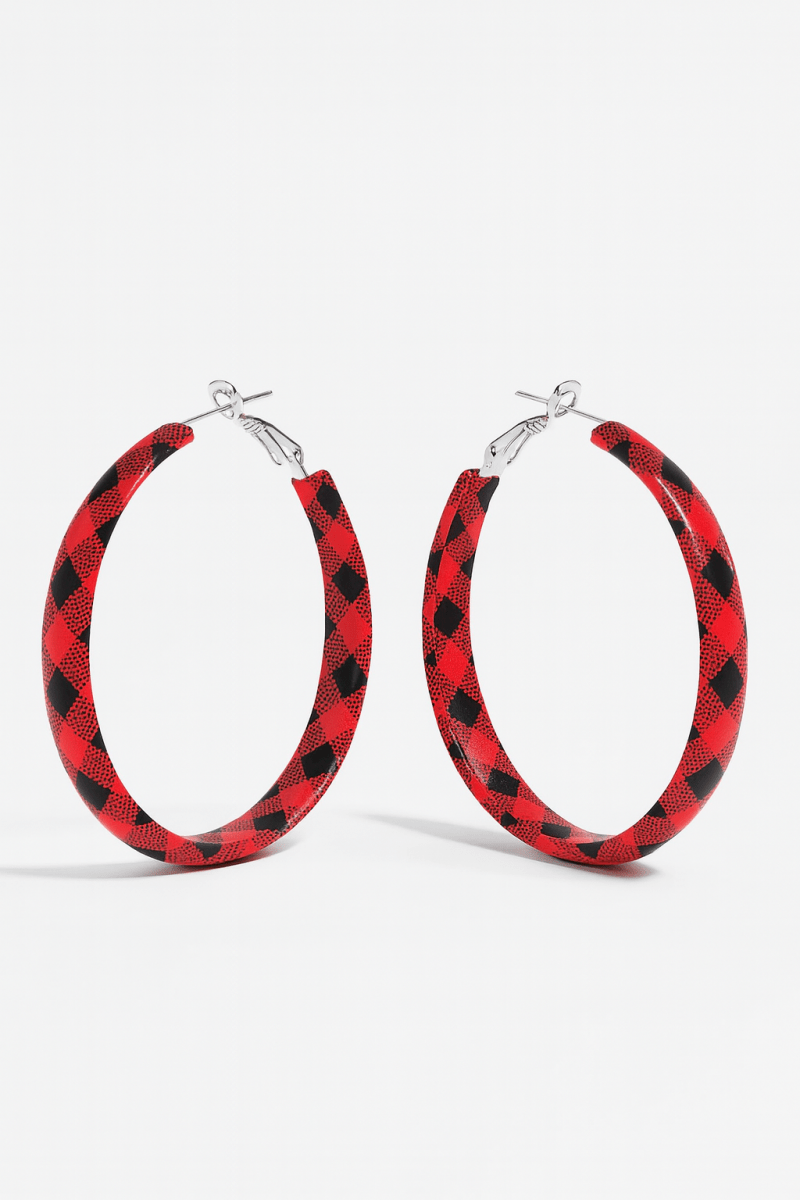 Earrings Plaid Red PU Leather Fall Hoop Statement Pair