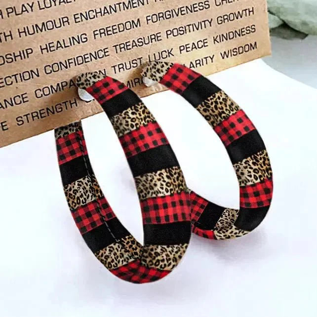 Earrings Plaid Red PU Leather Fall Hoop Statement Pair