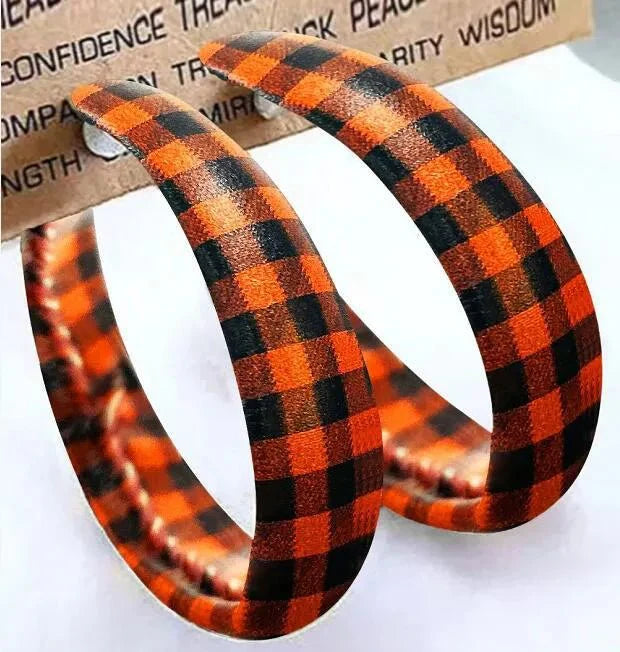 Earrings Plaid Red PU Leather Fall Hoop Statement Pair