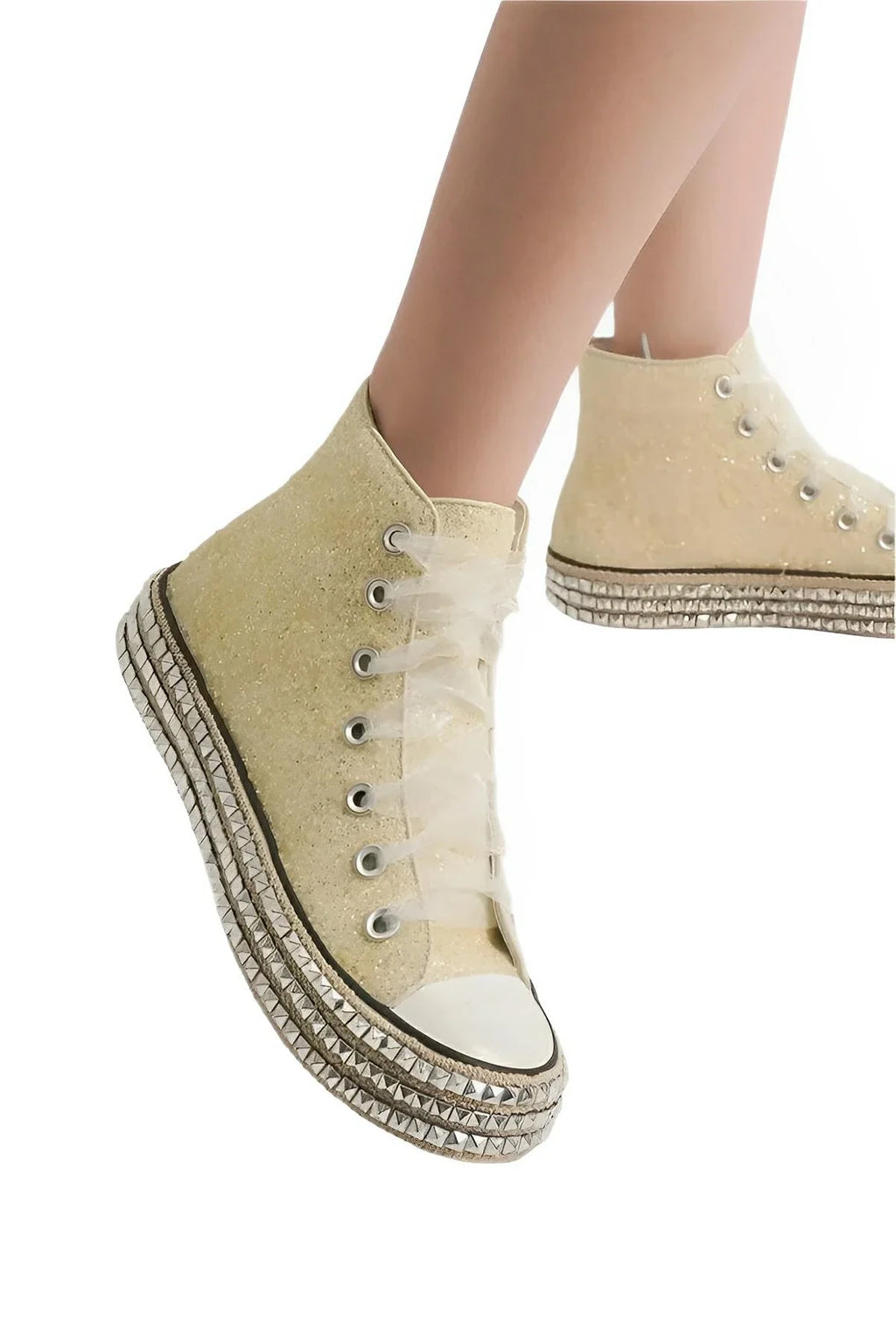 Top Glitter Lace-Up Studded Platform Sneakers – High Flats