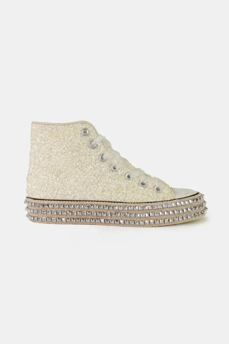 Top Glitter Lace-Up Studded Platform Sneakers – High Flats