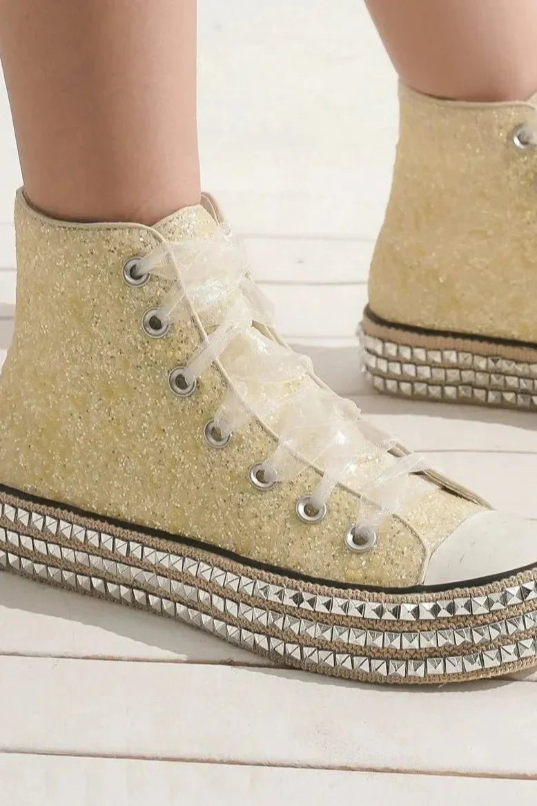 Top Glitter Lace-Up Studded Platform Sneakers – High Flats
