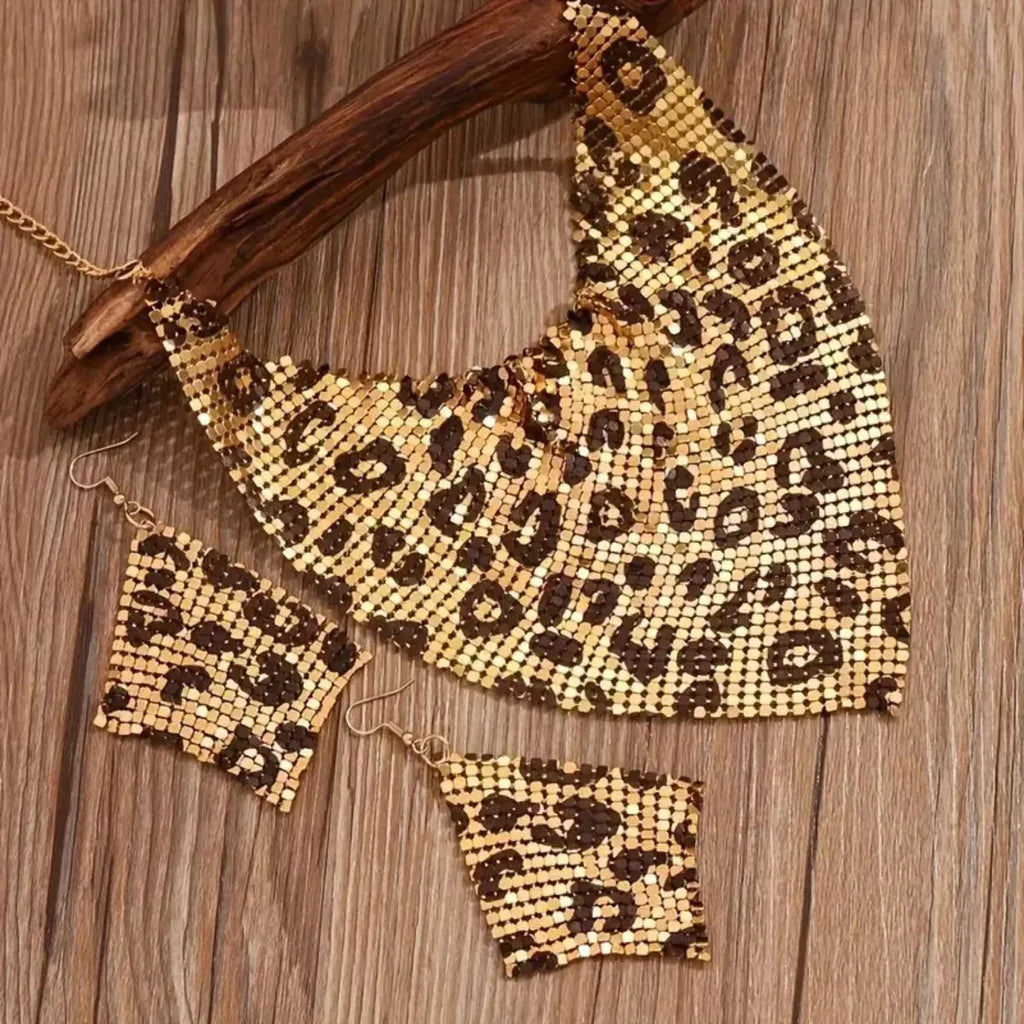 Necklace Jewelry Set Leopard Print Gold Plated Statement Earrings