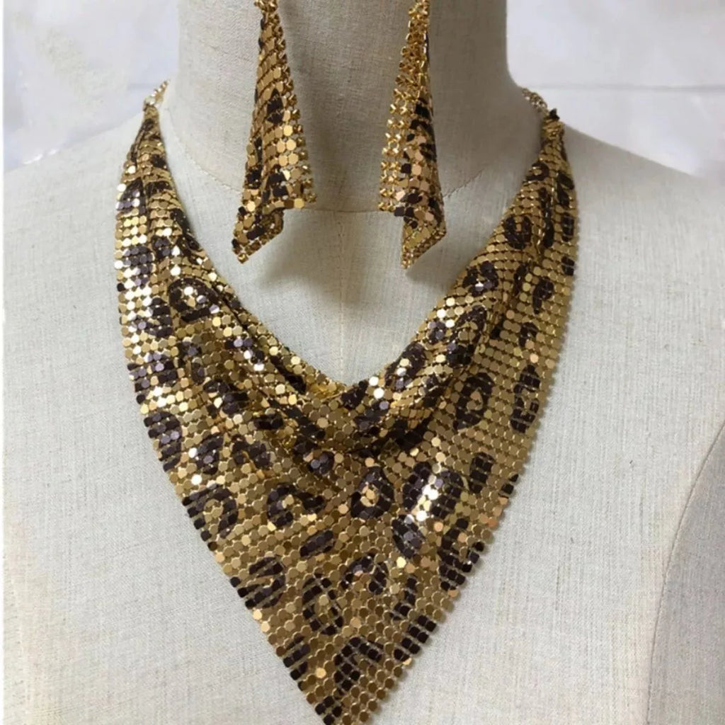 Necklace Jewelry Set Leopard Print Gold Plated Statement Earrings
