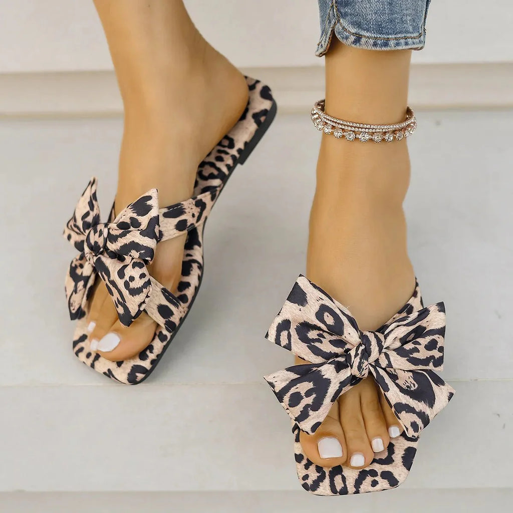 Leopard Bow Slip-On Flat Sandals - Animal Print Summer Women's Shoes