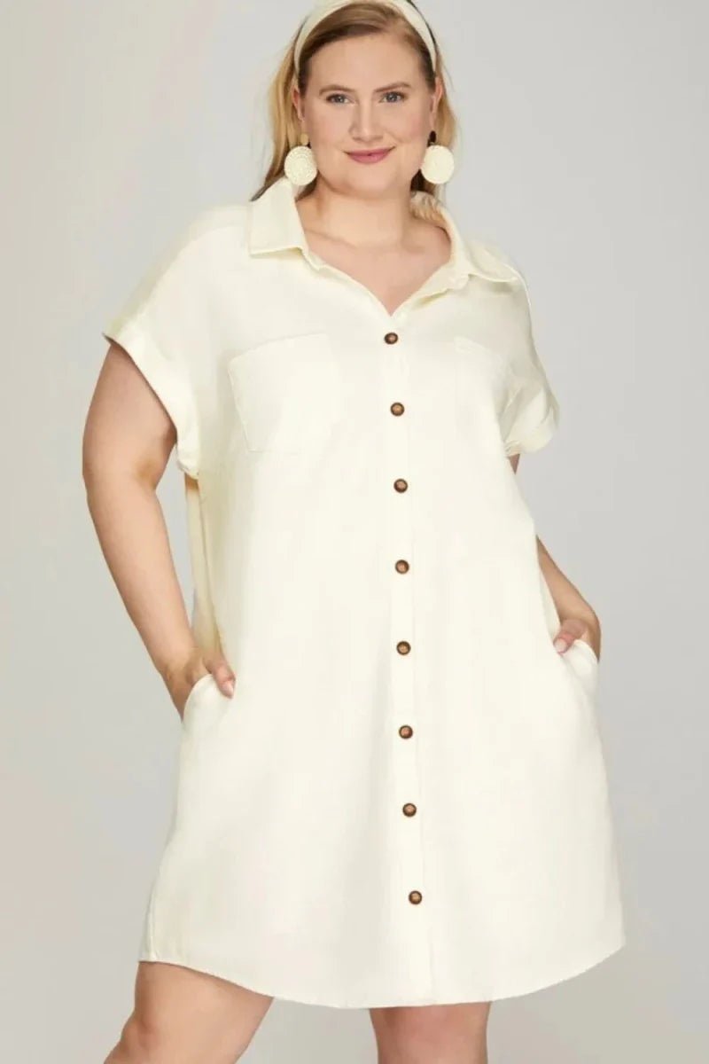 Plus Size White Twill Shirt Dress - Button Down Cuffed Long Sleeve Midi Women's Casual
