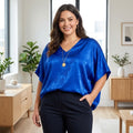Plus Size Blue Satin Animal Print Blouse - Bubble Hem Long Sleeve Women's Top