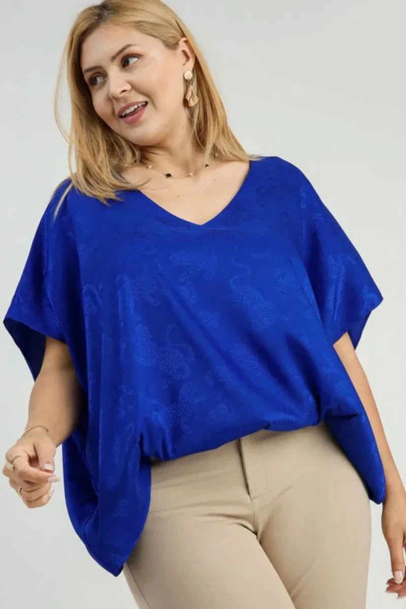 Plus Size Blue Satin Animal Print Blouse - Bubble Hem Long Sleeve Women's Top