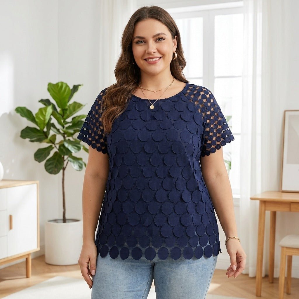 Plus Size Polka Dot Lace Blouse - Raglan Sleeve Round Neck Women's Top