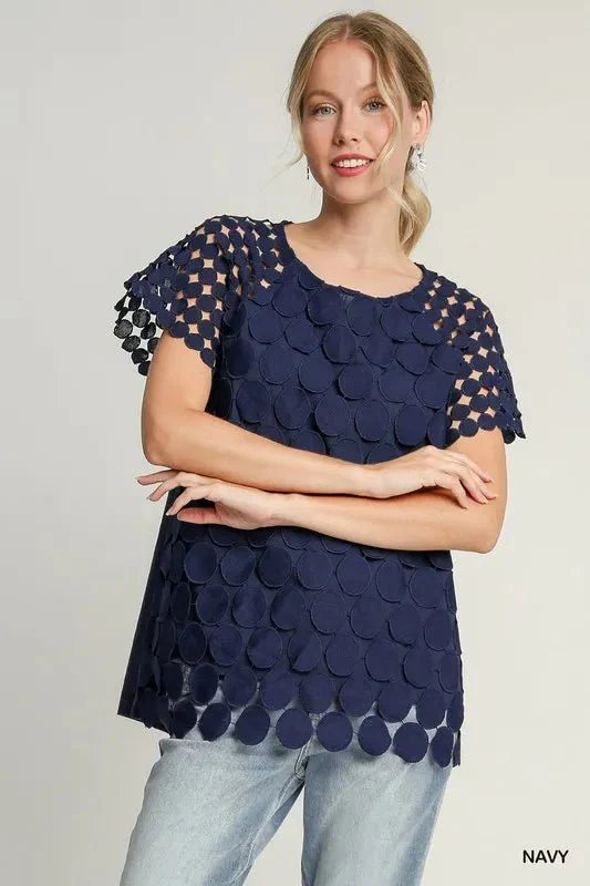Plus Size Polka Dot Lace Blouse - Raglan Sleeve Round Neck Women's Top