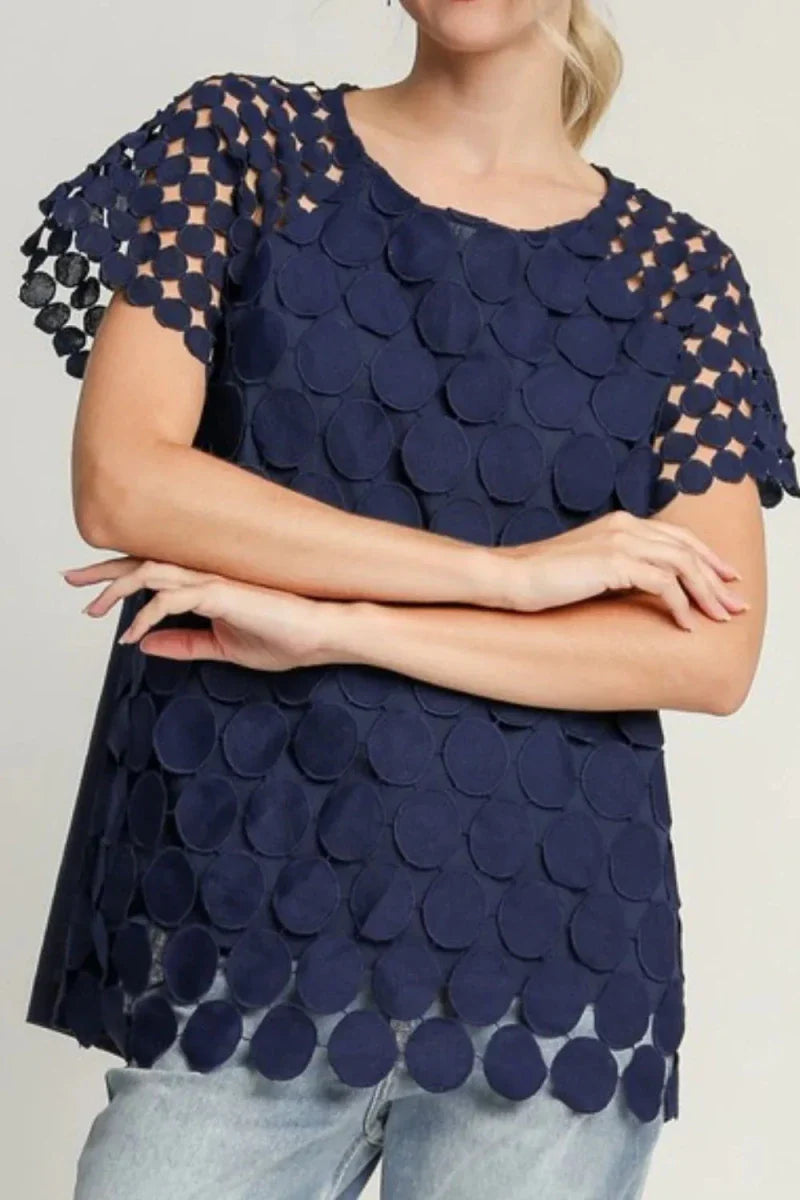 Plus Size Polka Dot Lace Blouse - Raglan Sleeve Round Neck Women's Top