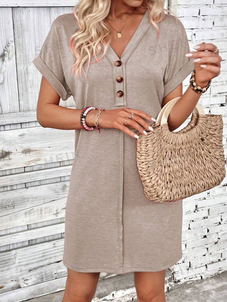 Black V-Neck Quarter Button Short Sleeve Mini Dress - A-Line Women's Casual
