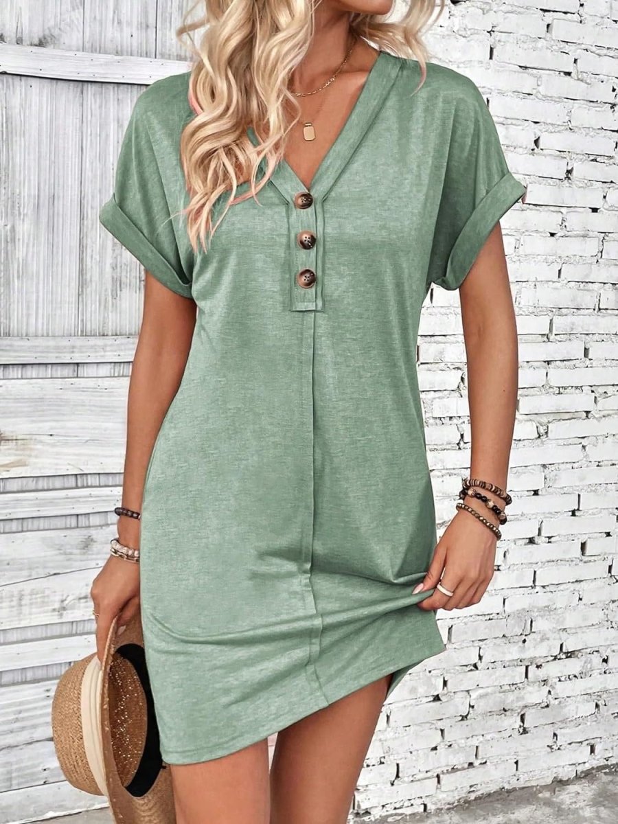 Black V-Neck Quarter Button Short Sleeve Mini Dress - A-Line Women's Casual
