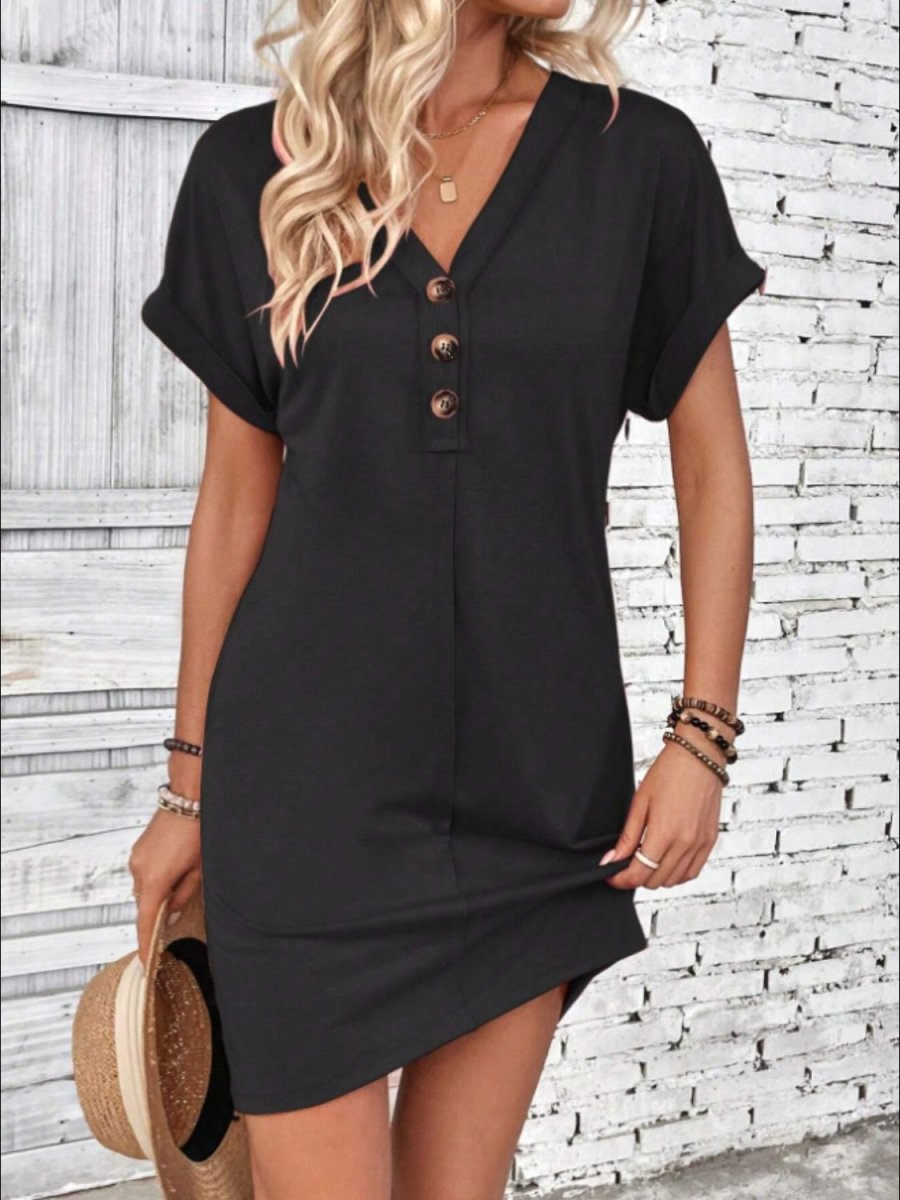 Black V-Neck Quarter Button Short Sleeve Mini Dress - A-Line Women's Casual
