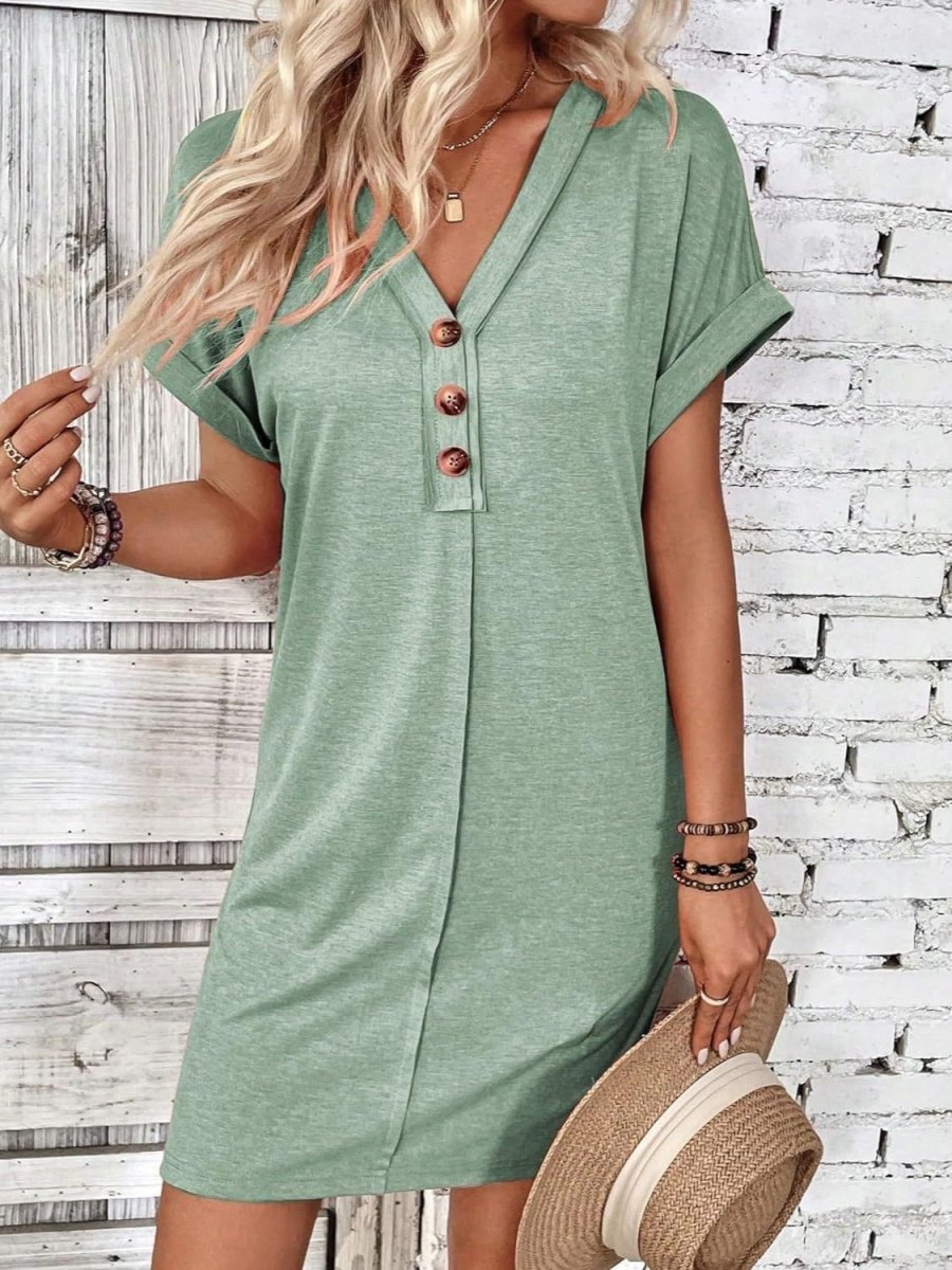 Black V-Neck Quarter Button Short Sleeve Mini Dress - A-Line Women's Casual