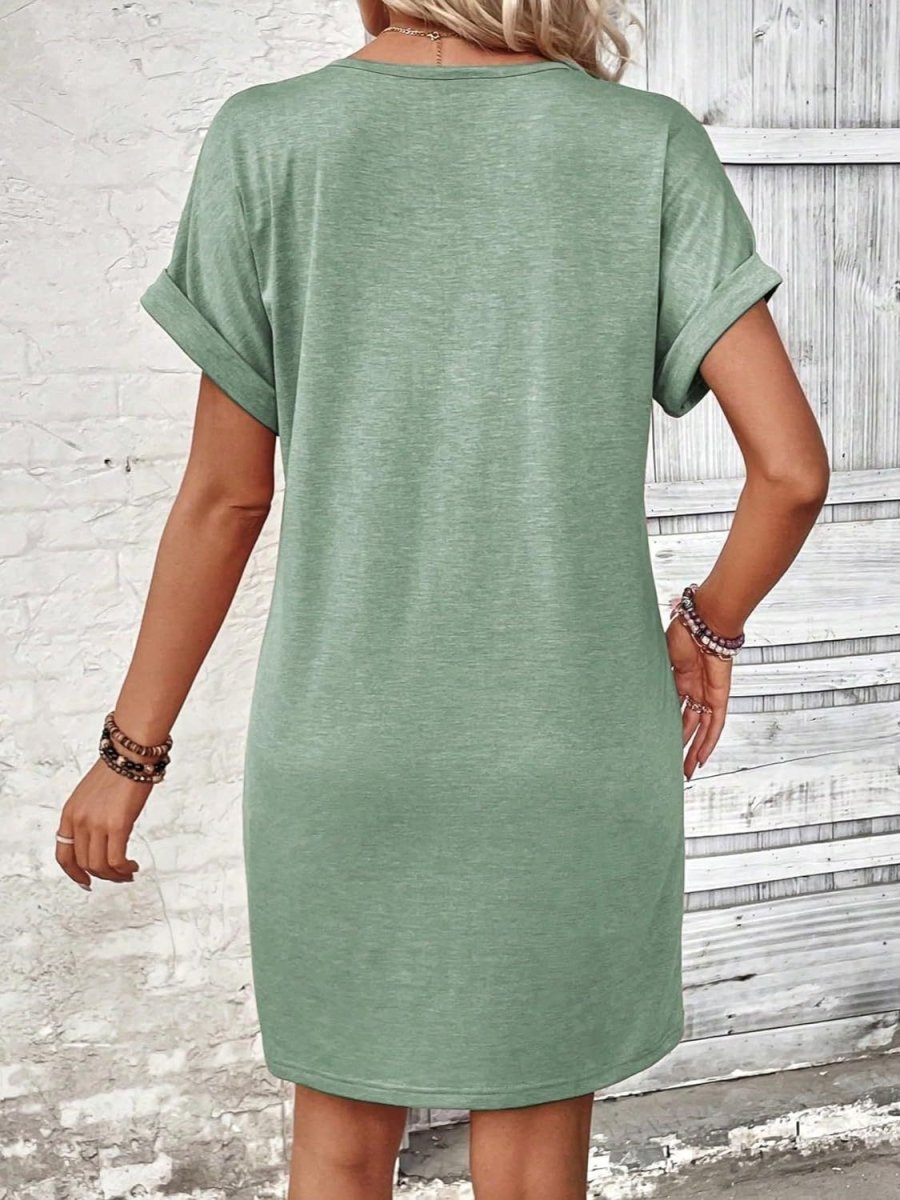 Black V-Neck Quarter Button Short Sleeve Mini Dress - A-Line Women's Casual