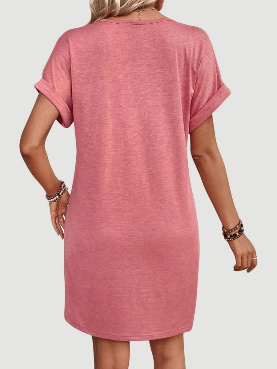 Black V-Neck Quarter Button Short Sleeve Mini Dress - A-Line Women's Casual