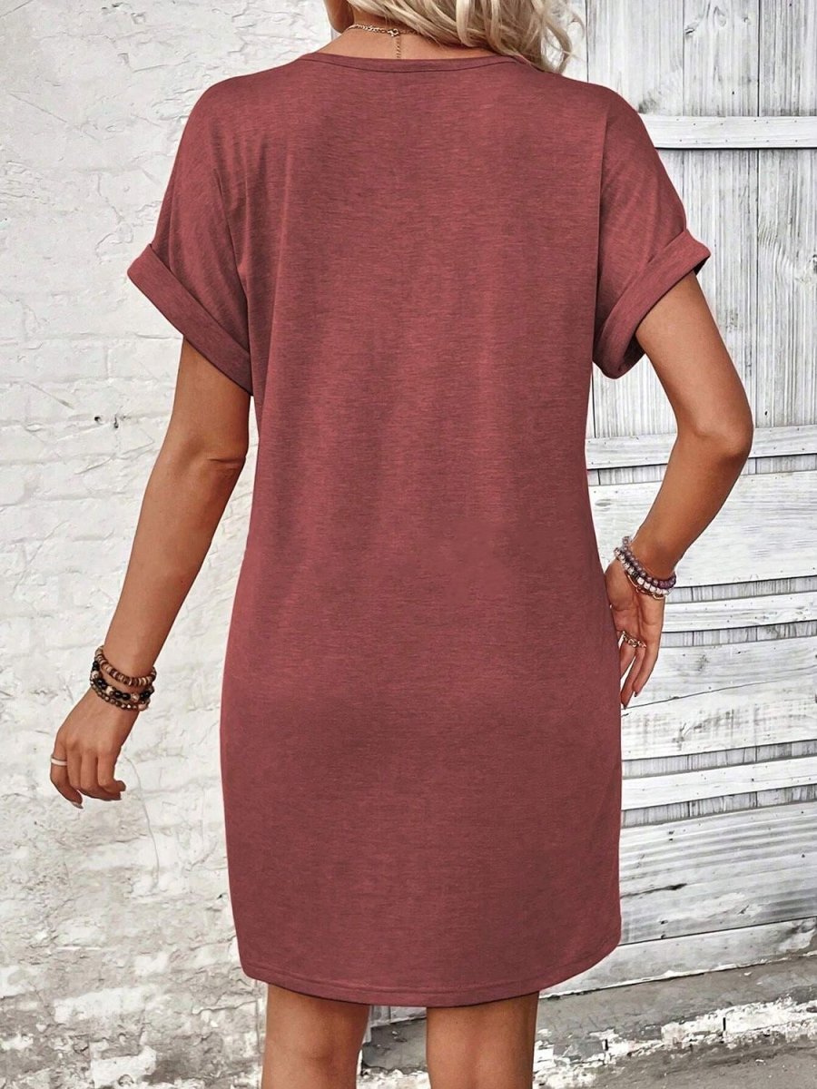Black V-Neck Quarter Button Short Sleeve Mini Dress - A-Line Women's Casual