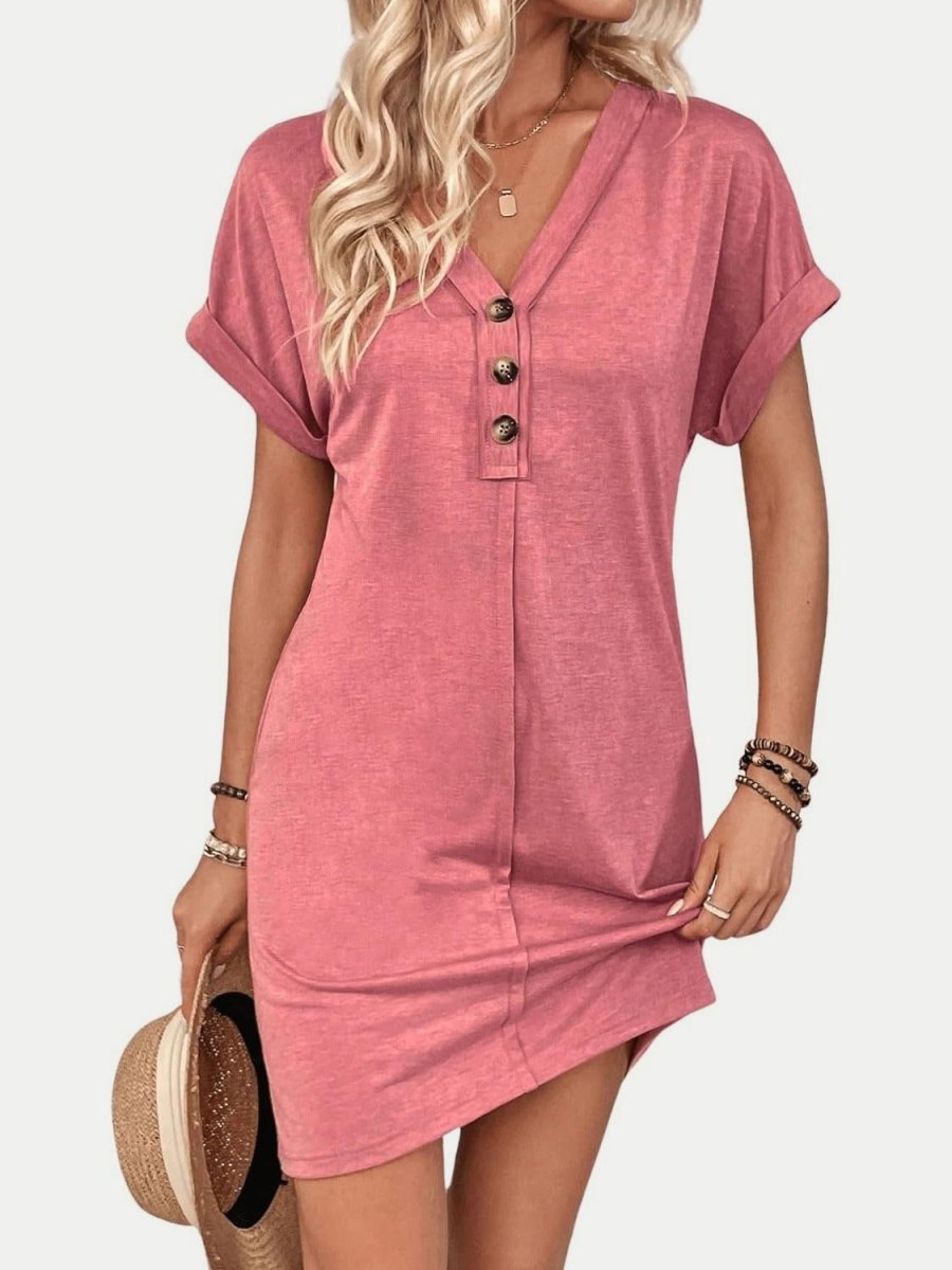 Black V-Neck Quarter Button Short Sleeve Mini Dress - A-Line Women's Casual